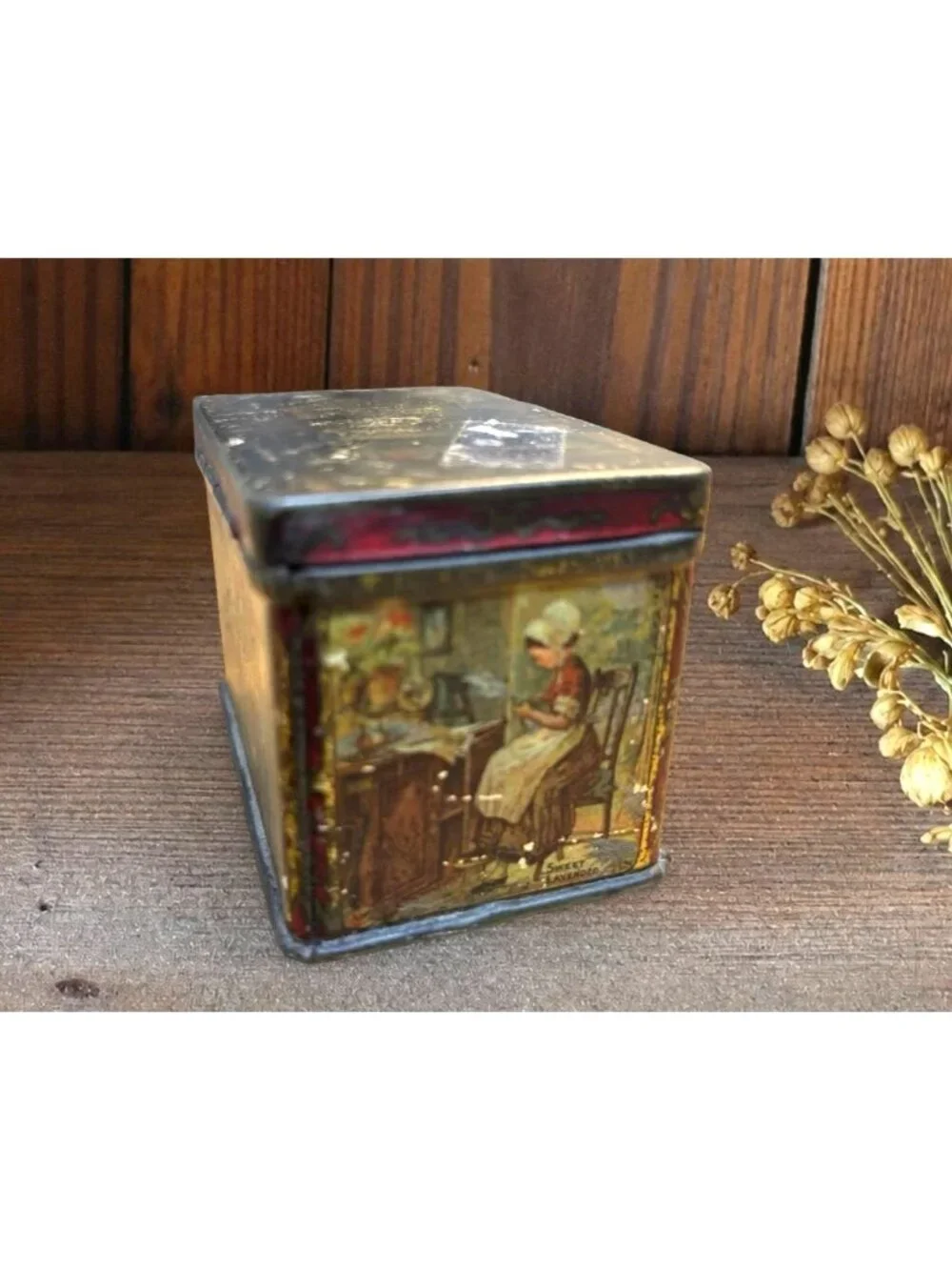 Antique English Cottage Tea Tin | Pride of Odessa Brand | Storybook Tea Scene |